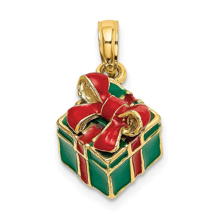 14k Yellow Gold 3D wEnamel Green Gift Box wRed Bow Charm Goldia Charm Necklaces