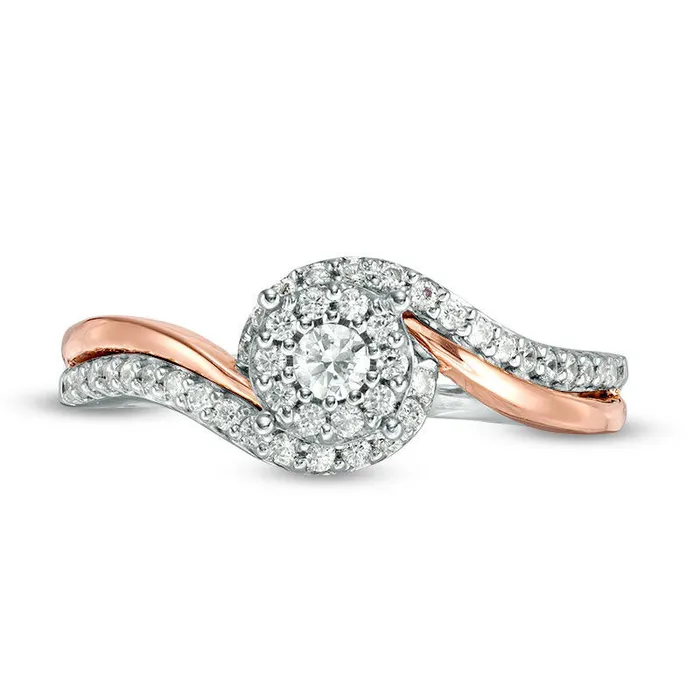 Goldia 033 CT TW Natural Diamond Frame Bypass Two Row Promise Ring in Sterling Silver and Solid 10K Rose Gold Rings