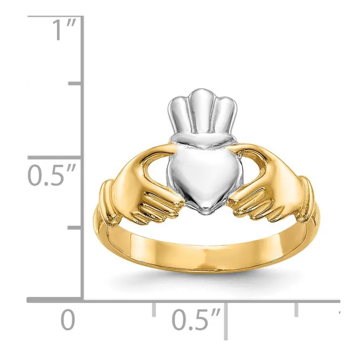 Goldia Rings 14k Yellow Gold Polished and Rhodium Claddagh Ring