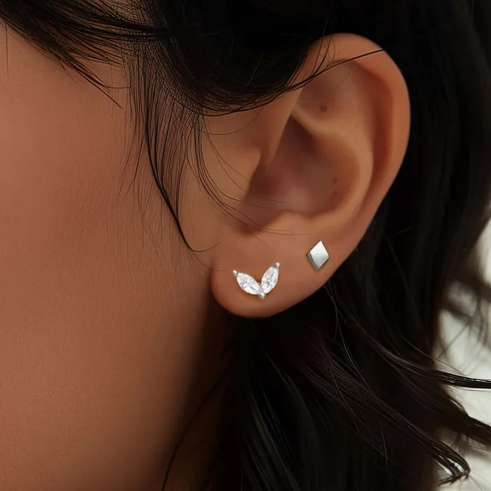 925 Silver Double Leaf Square CZ Diamond Front And Back Earring Trendolla Jewelry Earrings