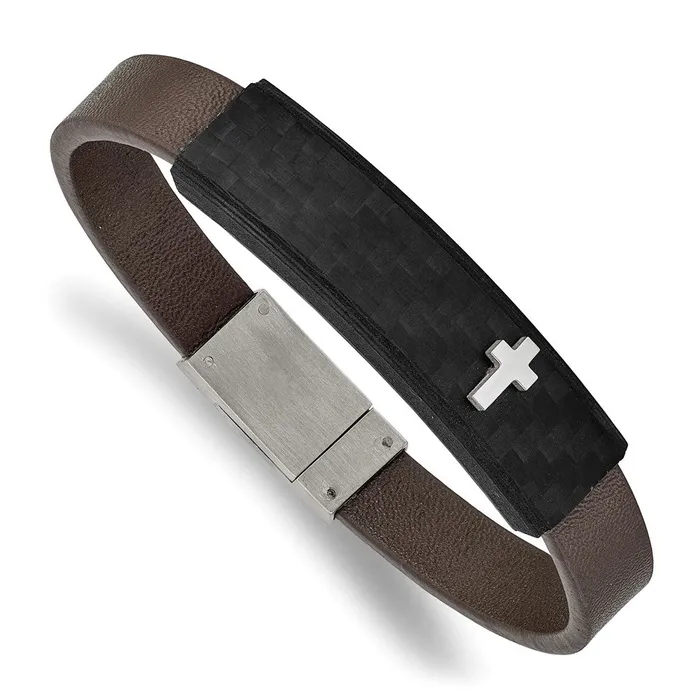 Bracelets TreasureFineJewelers Chisel Stainless Steel Polished Cross Solid Carbon Fiber Brown Faux Leather 8 inch Bracelet