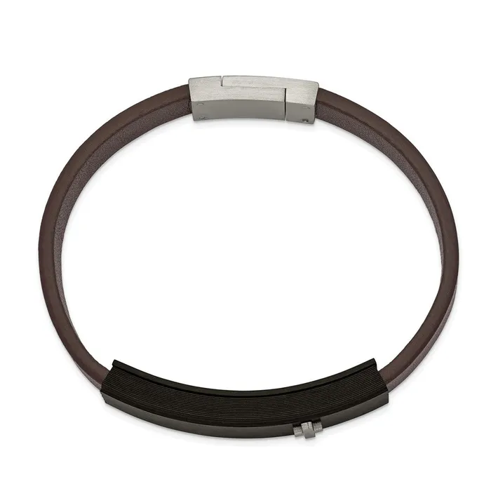 Bracelets TreasureFineJewelers Chisel Stainless Steel Polished Cross Solid Carbon Fiber Brown Faux Leather 8 inch Bracelet