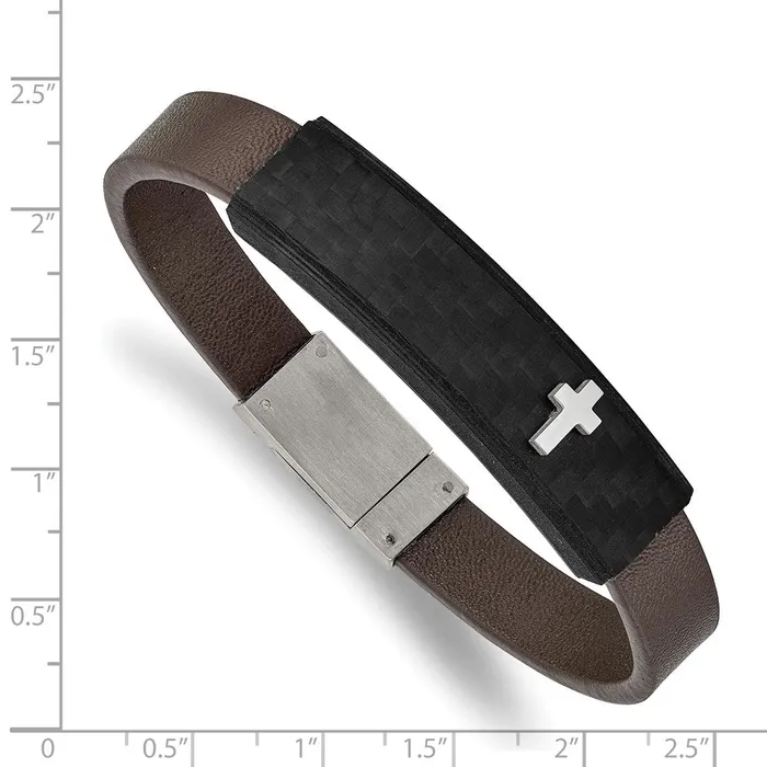 Bracelets TreasureFineJewelers Chisel Stainless Steel Polished Cross Solid Carbon Fiber Brown Faux Leather 8 inch Bracelet