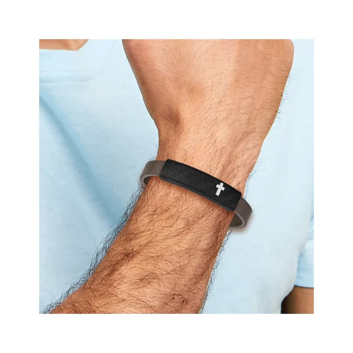 Bracelets TreasureFineJewelers Chisel Stainless Steel Polished Cross Solid Carbon Fiber Brown Faux Leather 8 inch Bracelet