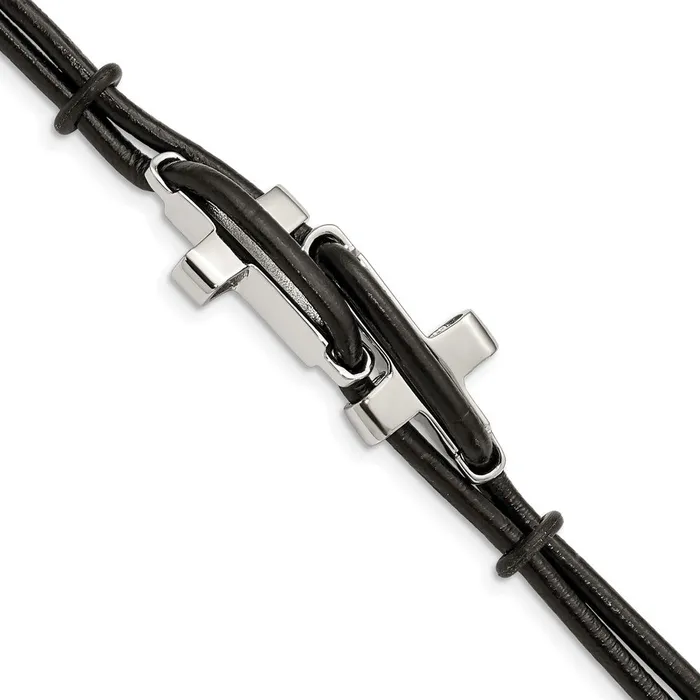 Chisel Stainless Steel Polished Sideways Crosses 2 Strand Black Leather 825 inch Bracelet TreasureFineJewelers Bracelets