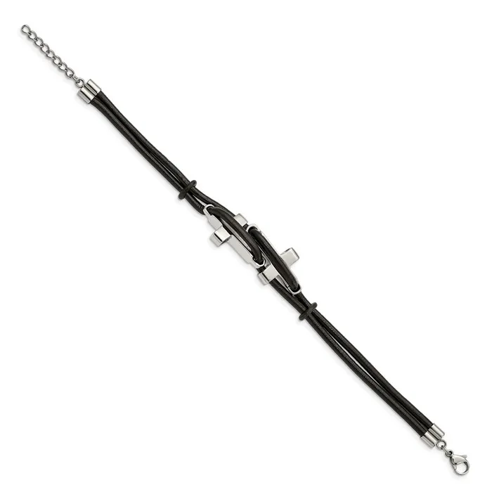 Chisel Stainless Steel Polished Sideways Crosses 2 Strand Black Leather 825 inch Bracelet TreasureFineJewelers Bracelets