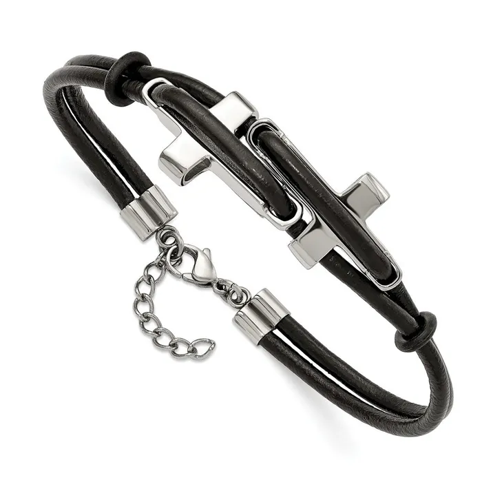 Chisel Stainless Steel Polished Sideways Crosses 2 Strand Black Leather 825 inch Bracelet TreasureFineJewelers Bracelets