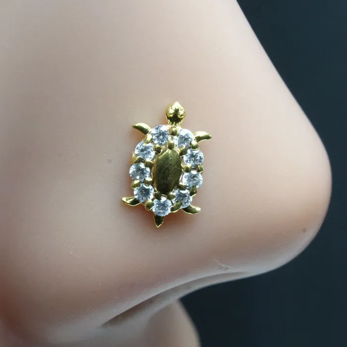 Rings Indian Turtle Nose ring White CZ studded gold plated Piercing Nose stud push pin Karizma Jewels