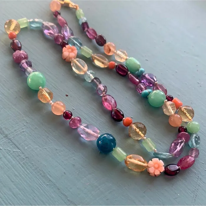 Necklaces Love Vintage Paris Rainbow Gemstone Necklace Silk knotted Gold Filed One of a kind Handmade