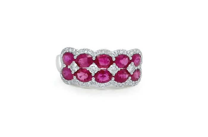Ring 18kt White Gold Diamonds DoubleRow Oval Rubies Albert Hern Rings