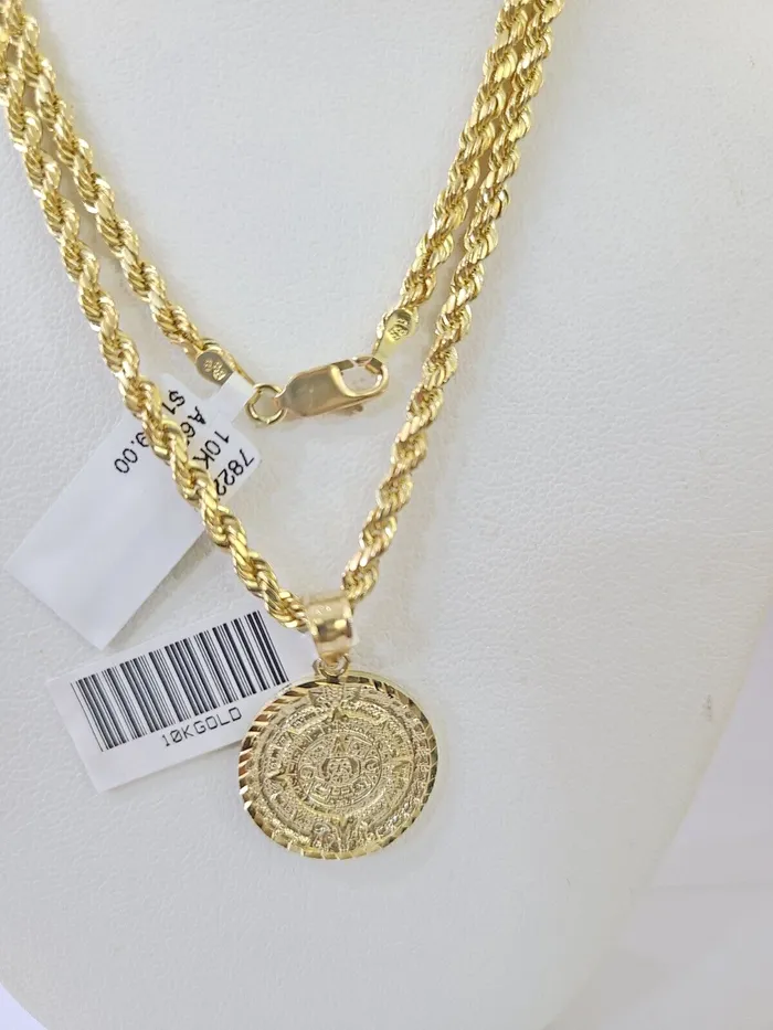 10k Gold Mayan Calendar Pendant Rope Chain 3mm 18 Necklace Set Real Yellow Gold and Diamond Necklaces 10k Gold Mayan Calendar Pendant Rope Chain 3mm 18 Necklace Set Real Yellow Gold and Diamond Necklaces