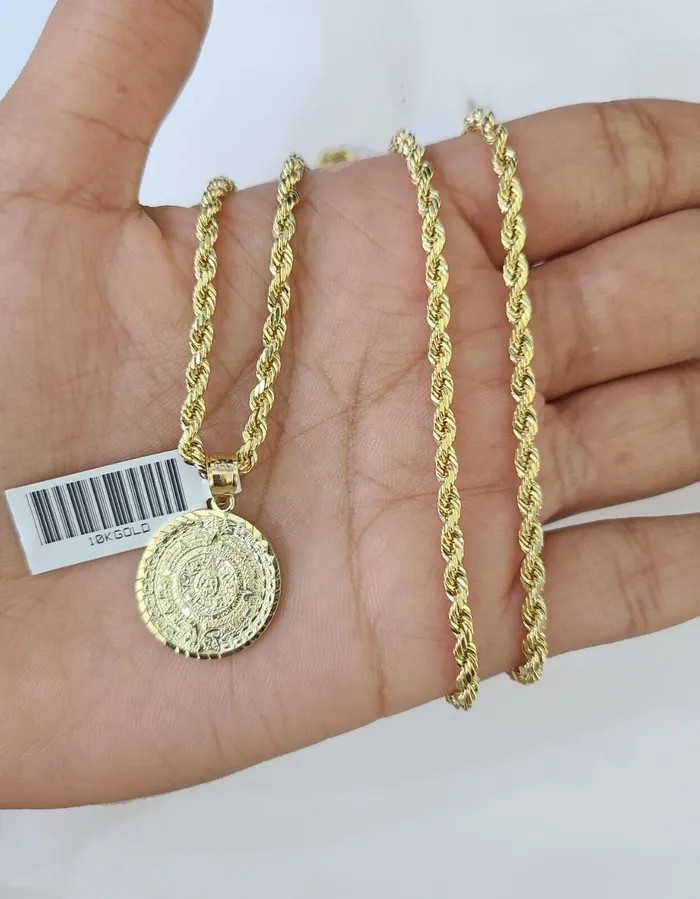 10k Gold Mayan Calendar Pendant Rope Chain 3mm 18 Necklace Set Real Yellow Gold and Diamond Necklaces