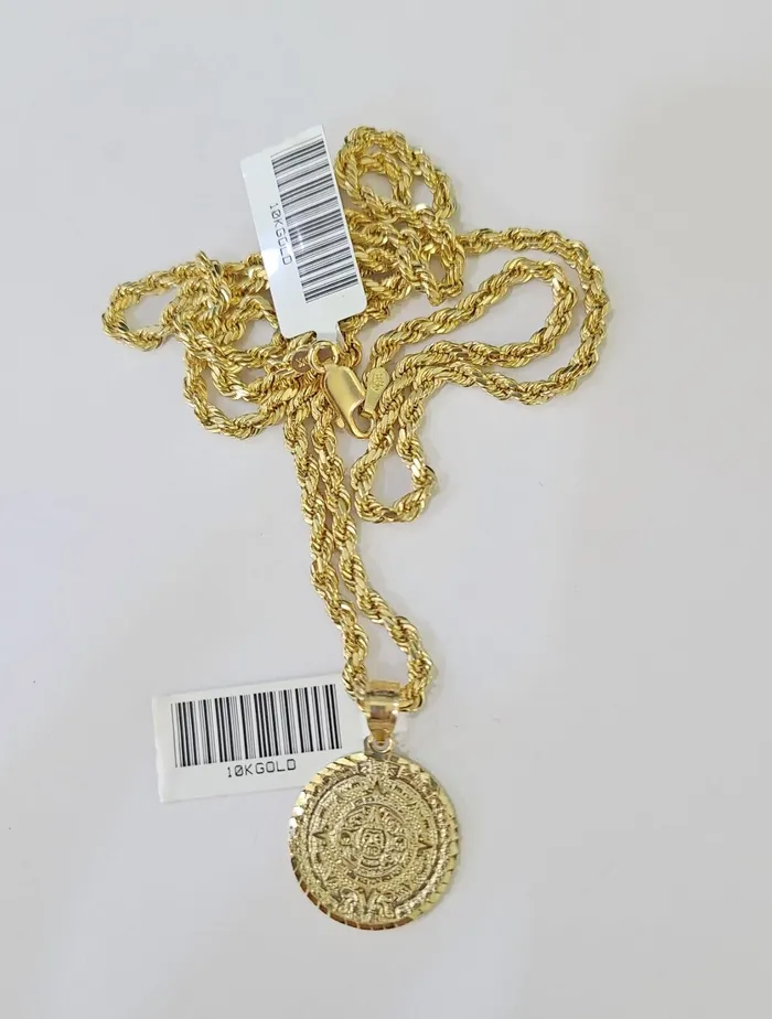 10k Gold Mayan Calendar Pendant Rope Chain 3mm 18 Necklace Set Real Yellow Gold and Diamond Necklaces