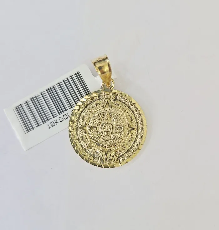 10k Gold Mayan Calendar Pendant Rope Chain 3mm 18 Necklace Set Real Yellow Gold and Diamond Necklaces