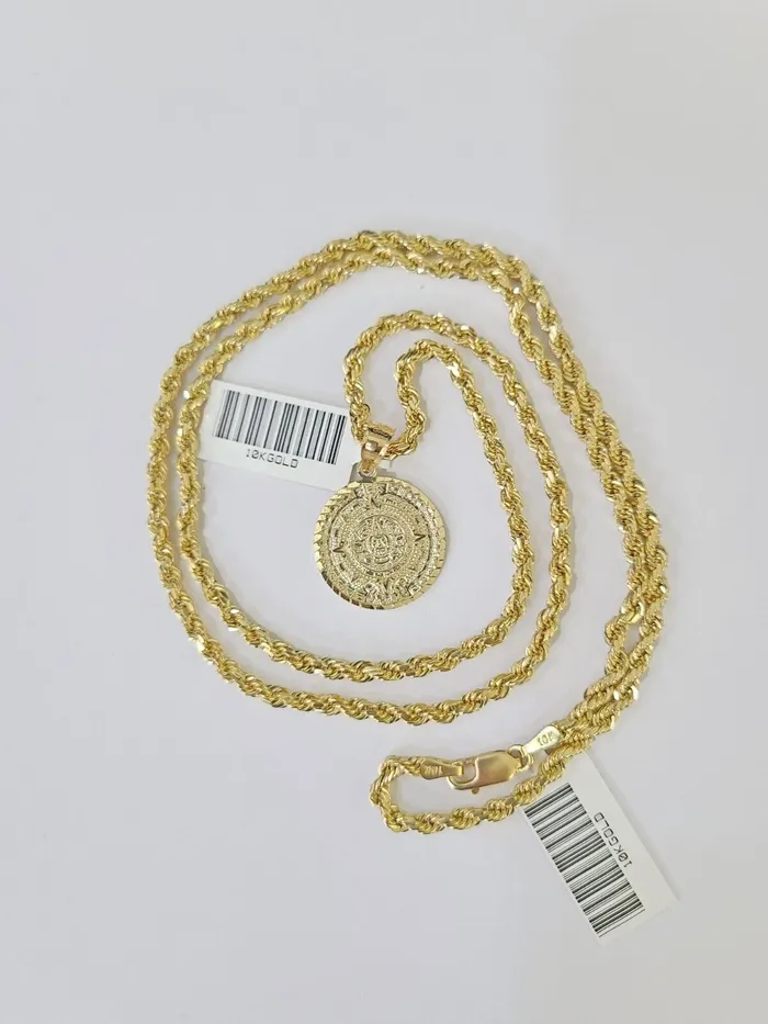 10k Gold Mayan Calendar Pendant Rope Chain 3mm 18 Necklace Set Real Yellow Gold and Diamond Necklaces