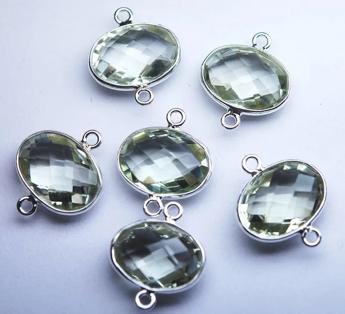 925 Sterling Silver Natural Green Amethyst Faceted Oval Shape Connector 5 Piece Of 19mm Beads Supplies USA Necklaces