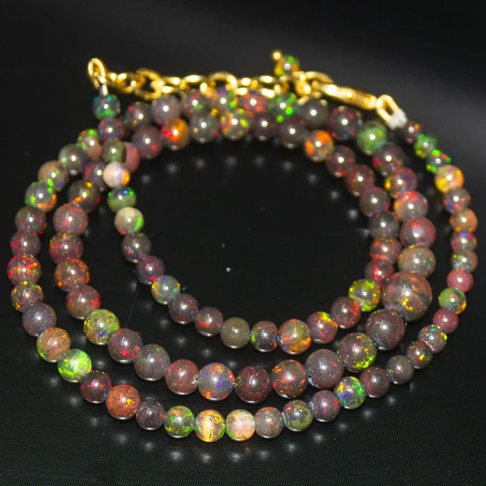Beads Supplies USA Necklaces Black Ethiopian Opal Round Ball Gold Plated Gemstone Beads Necklace 4mm 7mm 20 Beads Supplies USA Necklaces Black Ethiopian Opal Round Ball Gold Plated Gemstone Beads Necklace 4mm 7mm 20