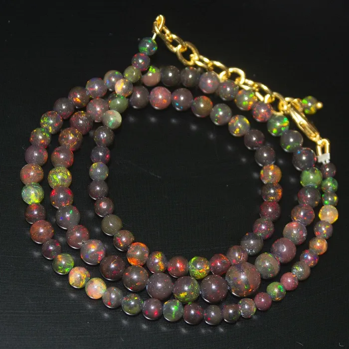 Beads Supplies USA Necklaces Black Ethiopian Opal Round Ball Gold Plated Gemstone Beads Necklace 4mm 7mm 20