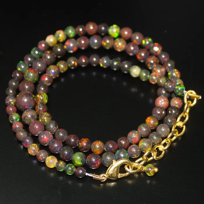 Beads Supplies USA Necklaces Black Ethiopian Opal Round Ball Gold Plated Gemstone Beads Necklace 4mm 7mm 20