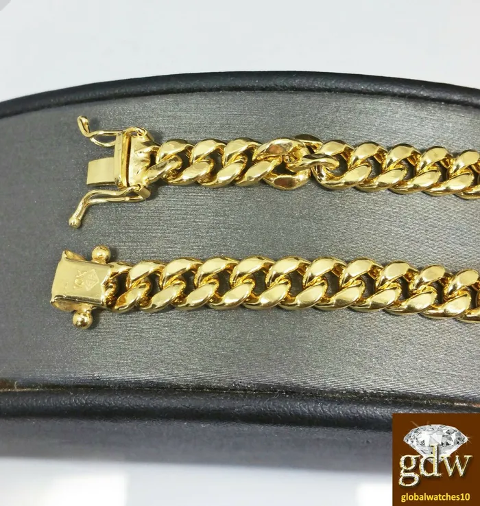 Bracelets Real 10k Yellow Gold Miami Cuban Bracelet 7mm 8 Inch Unisex Box Lock Gold and Diamond