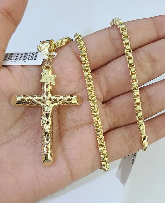 Gold and Diamond Necklaces 10k Gold Byzantine Necklace INRI Jesus Cross Charm 1826 inches 3mm SET Chain Gold and Diamond Necklaces 10k Gold Byzantine Necklace INRI Jesus Cross Charm 1826 inches 3mm SET Chain