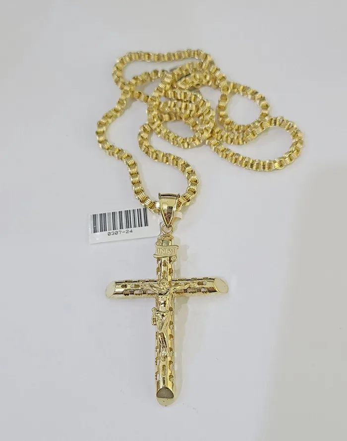 Gold and Diamond Necklaces 10k Gold Byzantine Necklace INRI Jesus Cross Charm 1826 inches 3mm SET Chain