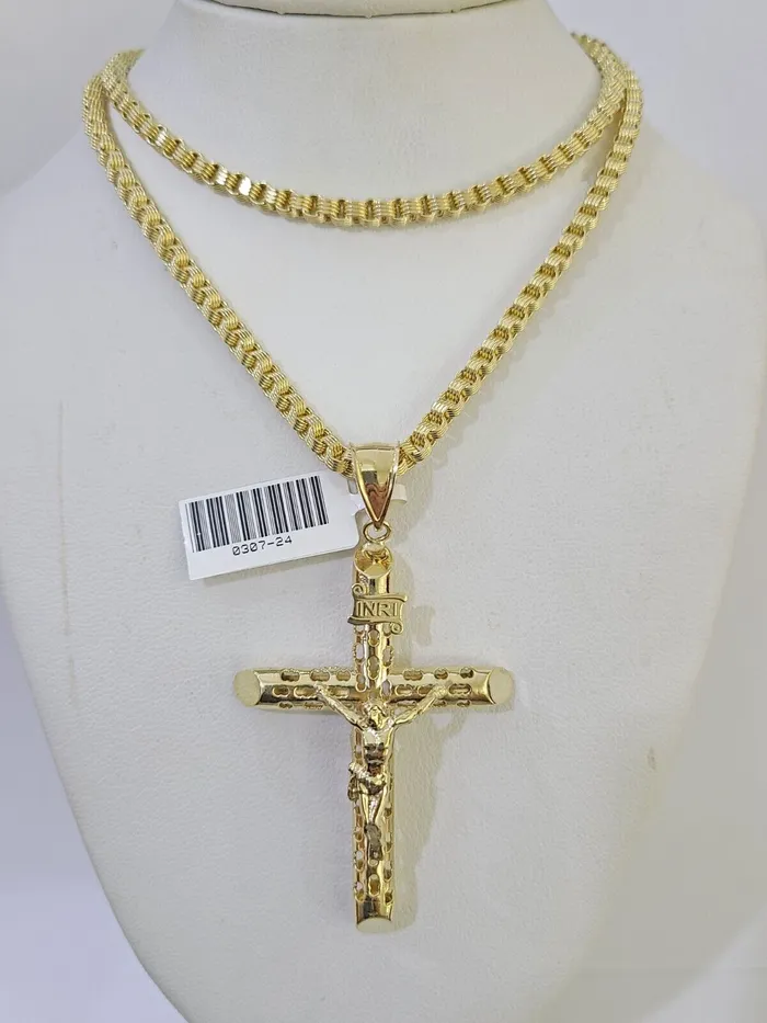 Gold and Diamond Necklaces 10k Gold Byzantine Necklace INRI Jesus Cross Charm 1826 inches 3mm SET Chain