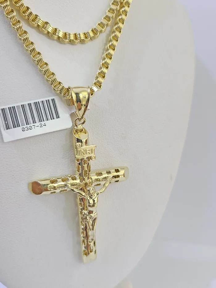 Gold and Diamond Necklaces 10k Gold Byzantine Necklace INRI Jesus Cross Charm 1826 inches 3mm SET Chain