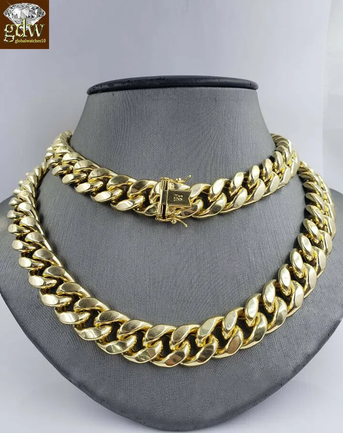 Gold and Diamond Necklaces REAL 10k Gold Cuban Chain Necklace Yellow 15mm 30 Inch Box Clasp