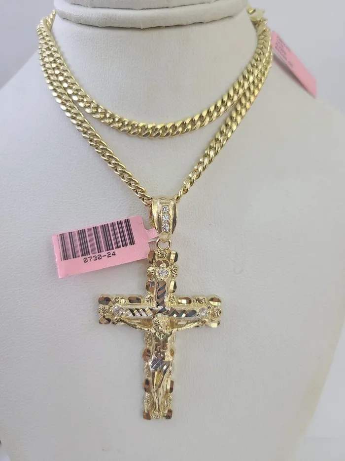 Gold and Diamond Necklaces Real 14k Chain Cross Charm Set Miami Cuban Link 4mm Necklace Pendant Yellow Gold