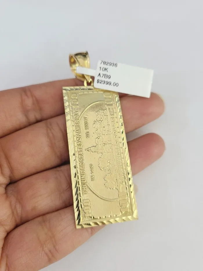 Gold and Diamond PreStyled Sets Real 10K Gold 100 Dollar Bill Pendant Diamond Cut 10kt Yellow Gold Charm