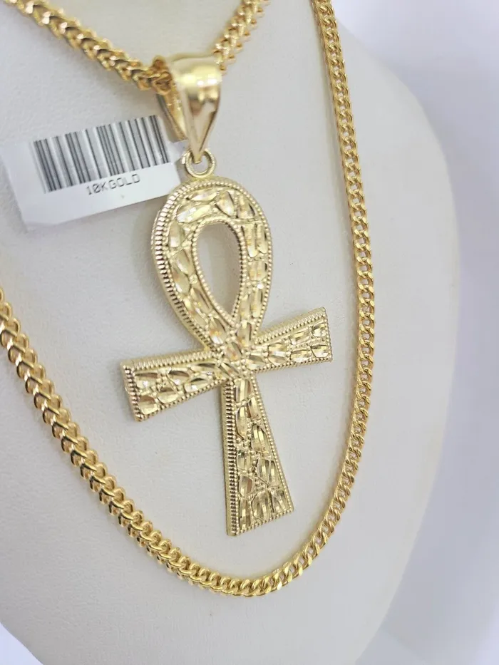 Necklaces 10K Franco Chain Ankh Cross Pendant Charm Necklace 2026 3mm Gold Gold and Diamond