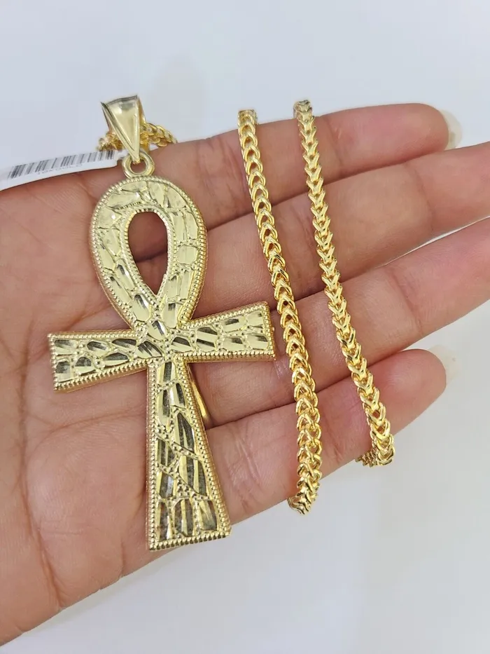 Necklaces 10K Franco Chain Ankh Cross Pendant Charm Necklace 2026 3mm Gold Gold and Diamond