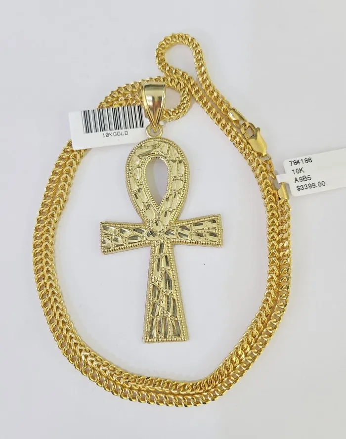 Necklaces 10K Franco Chain Ankh Cross Pendant Charm Necklace 2026 3mm Gold Gold and Diamond