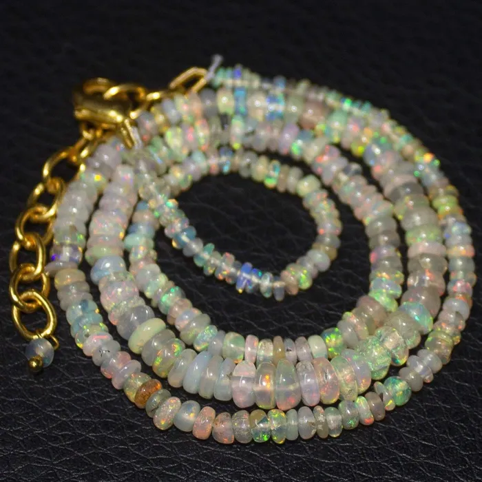 Necklaces Beads Supplies USA Natural Ethiopian Welo Opal Gold Plated Smooth Rondelle Necklace 2mm 5mm 17