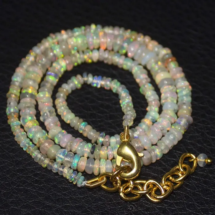 Necklaces Beads Supplies USA Natural Ethiopian Welo Opal Gold Plated Smooth Rondelle Necklace 2mm 5mm 17