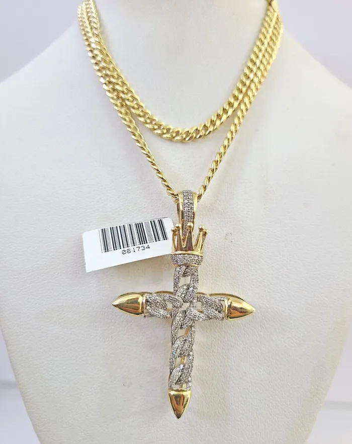 Necklaces Gold and Diamond 10k Miami Cuban Chain Diamond Jesus Cross Charm Set 4mm 1828 Necklace Gold