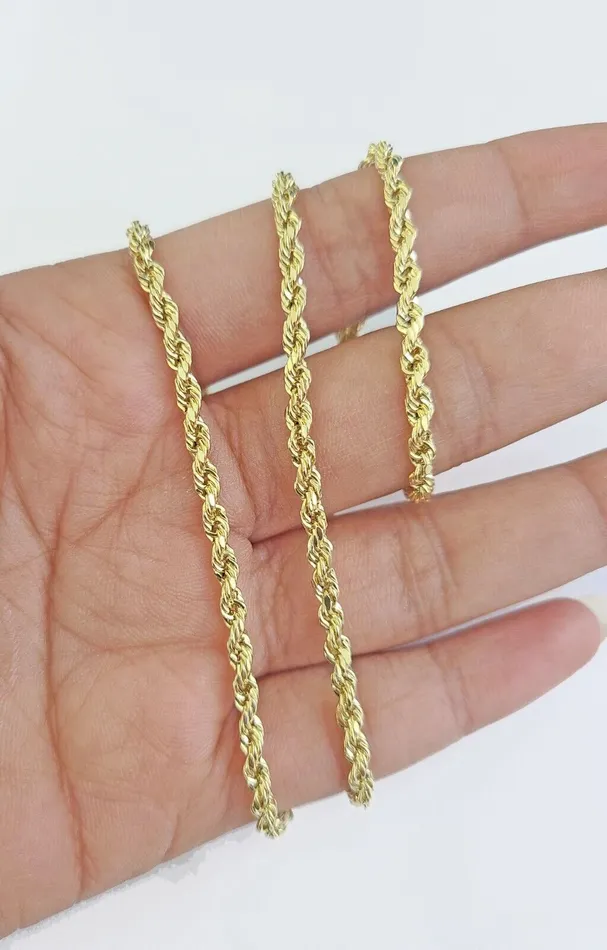 Necklaces Gold and Diamond Real 14k Yellow Gold Rope Chain 3mm 16 Inches Ladies Necklace