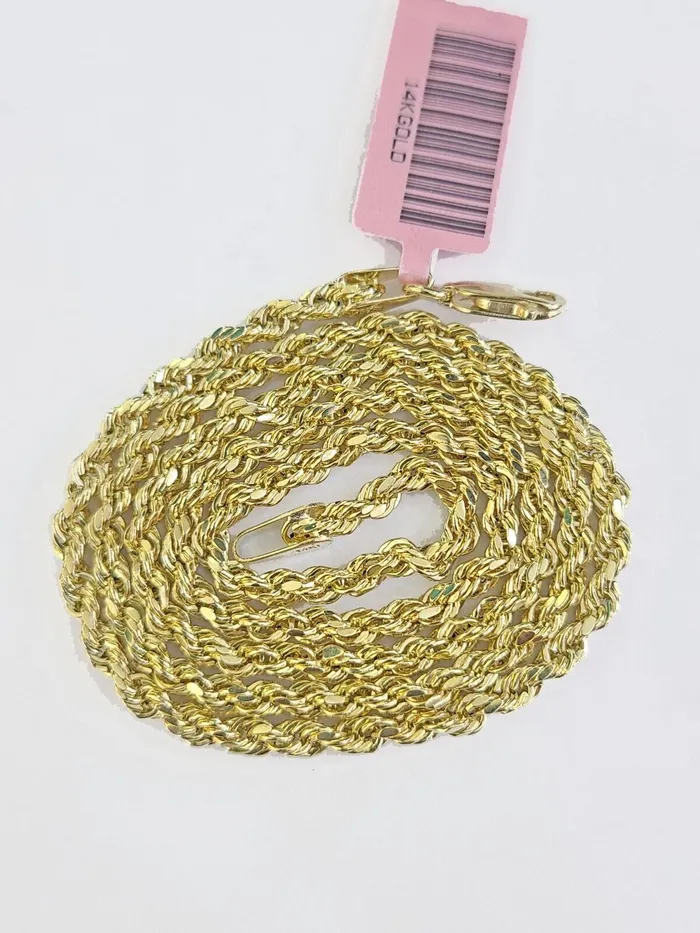 Necklaces Gold and Diamond Real 14k Yellow Gold Rope Chain 3mm 16 Inches Ladies Necklace