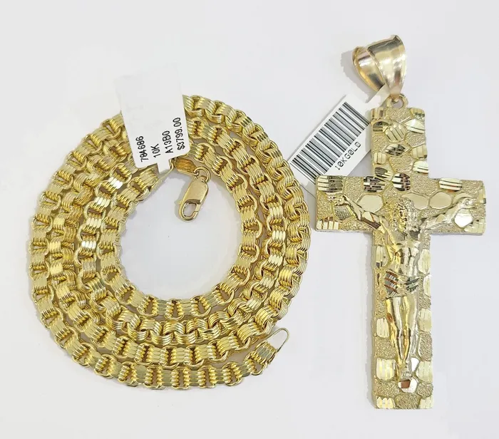 Necklaces Real 10k Gold Nugget Cross Byzantine Chain Necklace 4mm 26 Chain Charm SET 10kt Gold and Diamond