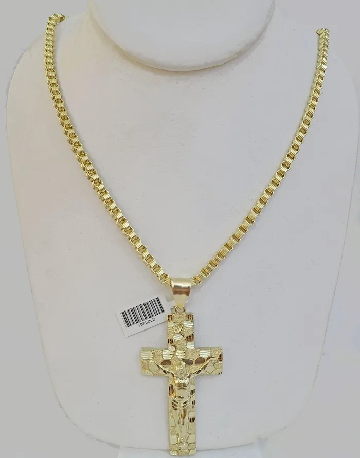 Necklaces Real 10k Gold Nugget Cross Byzantine Chain Necklace 4mm 26 Chain Charm SET 10kt Gold and Diamond