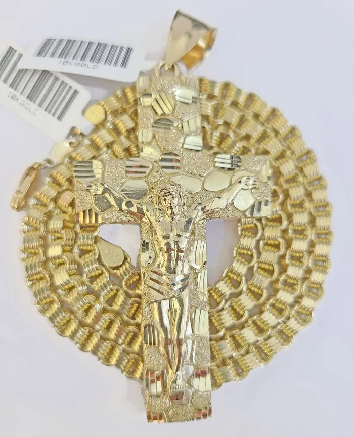 Necklaces Real 10k Gold Nugget Cross Byzantine Chain Necklace 4mm 26 Chain Charm SET 10kt Gold and Diamond