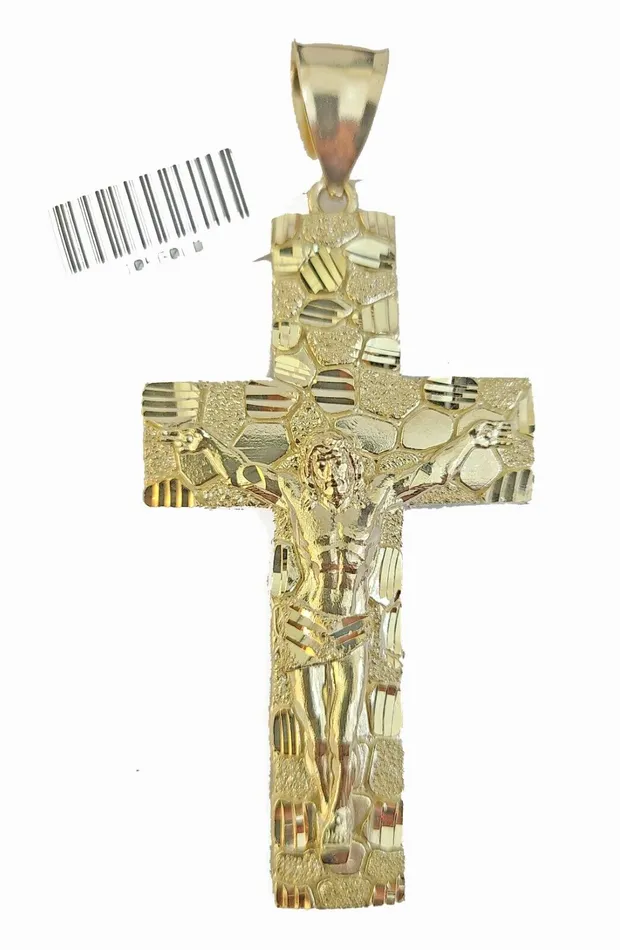Necklaces Real 10k Gold Nugget Cross Byzantine Chain Necklace 4mm 26 Chain Charm SET 10kt Gold and Diamond