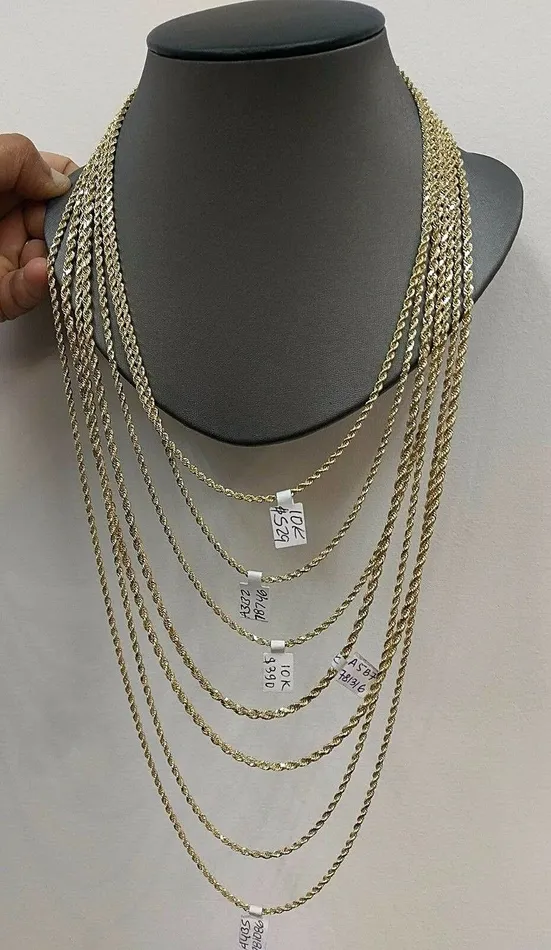 Necklaces Real 10k Gold Rope Chain Necklace Men Women 25mm 16 18 20 22 24 26 28 Gold and Diamond