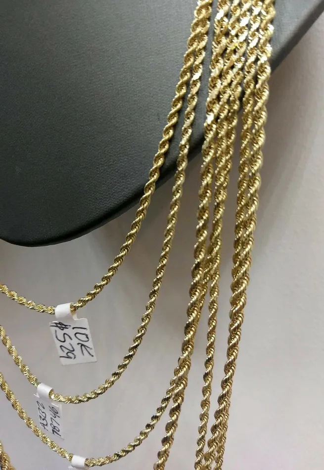 Necklaces Real 10k Gold Rope Chain Necklace Men Women 25mm 16 18 20 22 24 26 28 Gold and Diamond