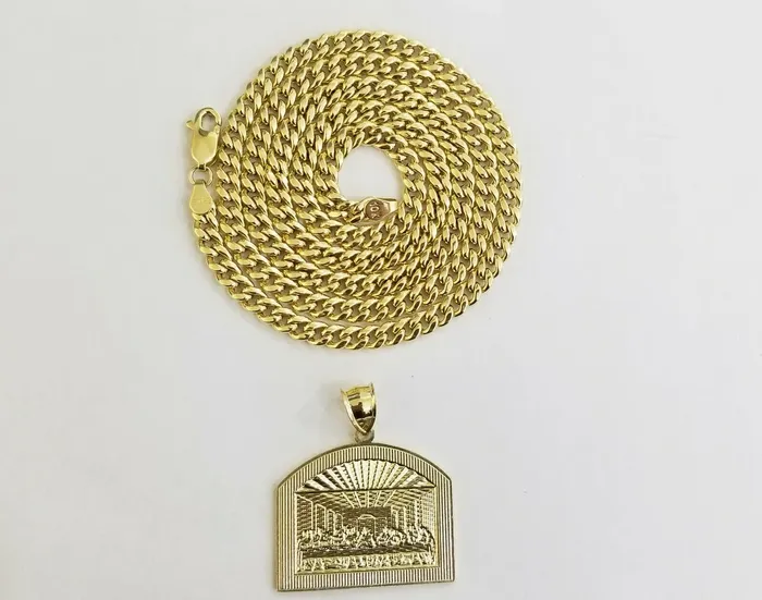 PreStyled Sets Gold and Diamond 10k Real gold Last supper charm with miami cuban chain 24inch 5mm10kt gold set