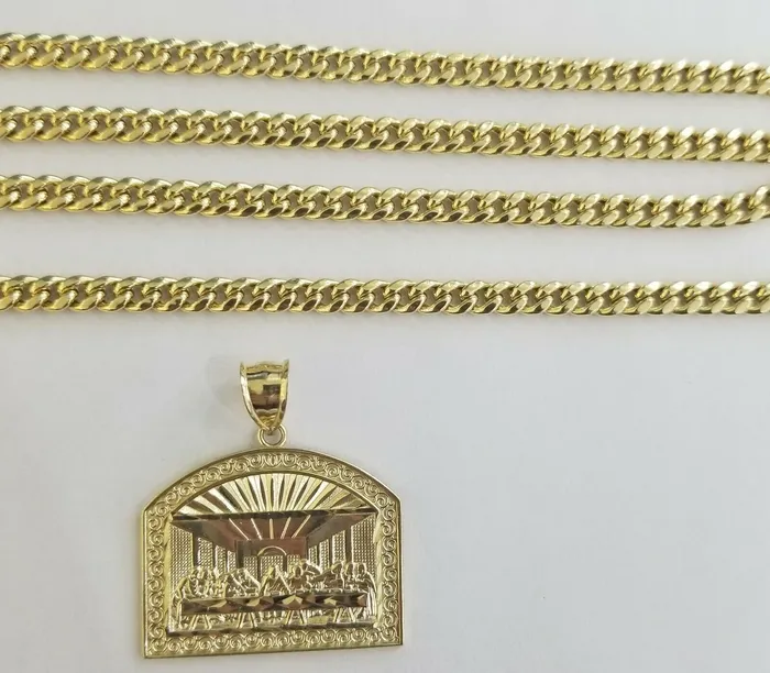PreStyled Sets Gold and Diamond 10k Real gold Last supper charm with miami cuban chain 24inch 5mm10kt gold set