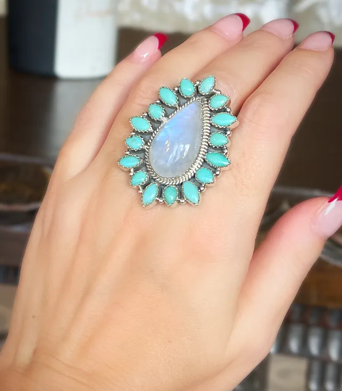 Rings Sophiareneboutiquecom Sterling Silver Rainbow MoonstoneKingman Turquoise Teardrop Cluster Ring