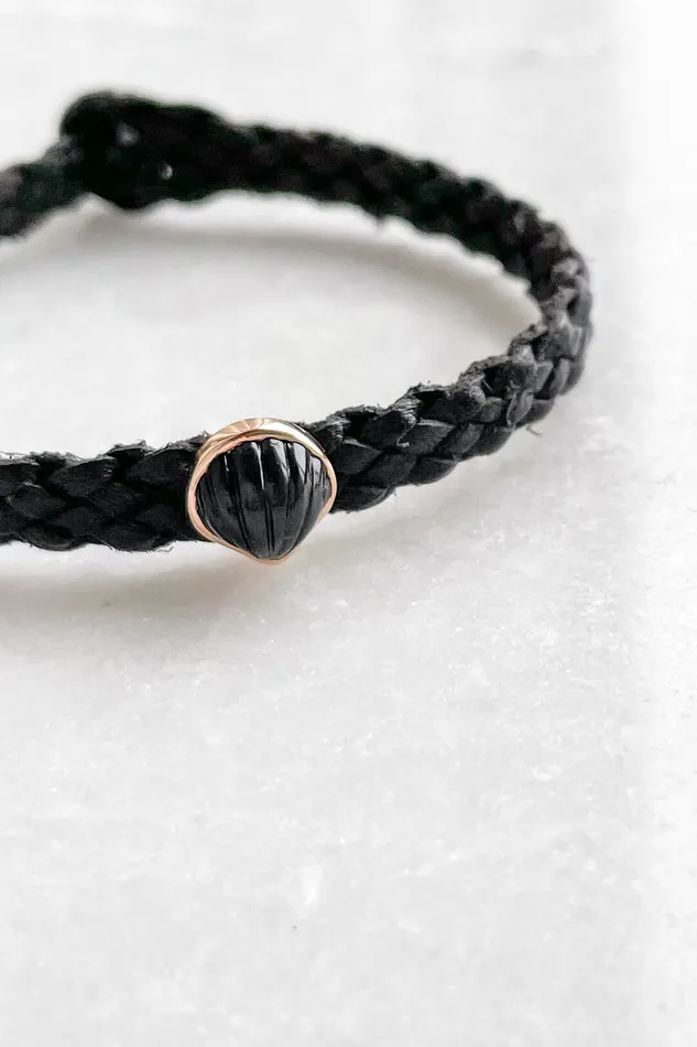 DEZSO Bracelets Petite Onyx Anadara on Black Leather Bracelet DEZSO Bracelets Petite Onyx Anadara on Black Leather Bracelet