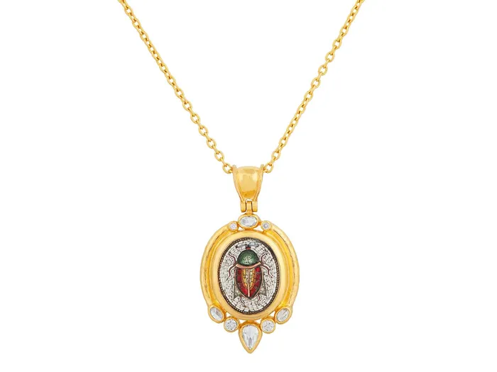 Necklaces GURHAN Antiquities Gold Micro Mosaic Pendant Necklace 19x16mm Oval Scarab set in Wide Frame GG GOLD OOAK Necklaces GURHAN Antiquities Gold Micro Mosaic Pendant Necklace 19x16mm Oval Scarab set in Wide Frame GG GOLD OOAK
